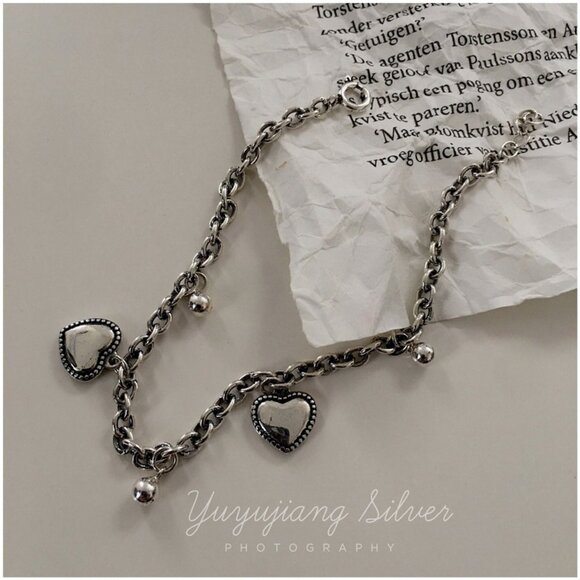 #NEW 925 Sterling Silver Vintage Heart Bead Bracelet - Picture 7 of 11